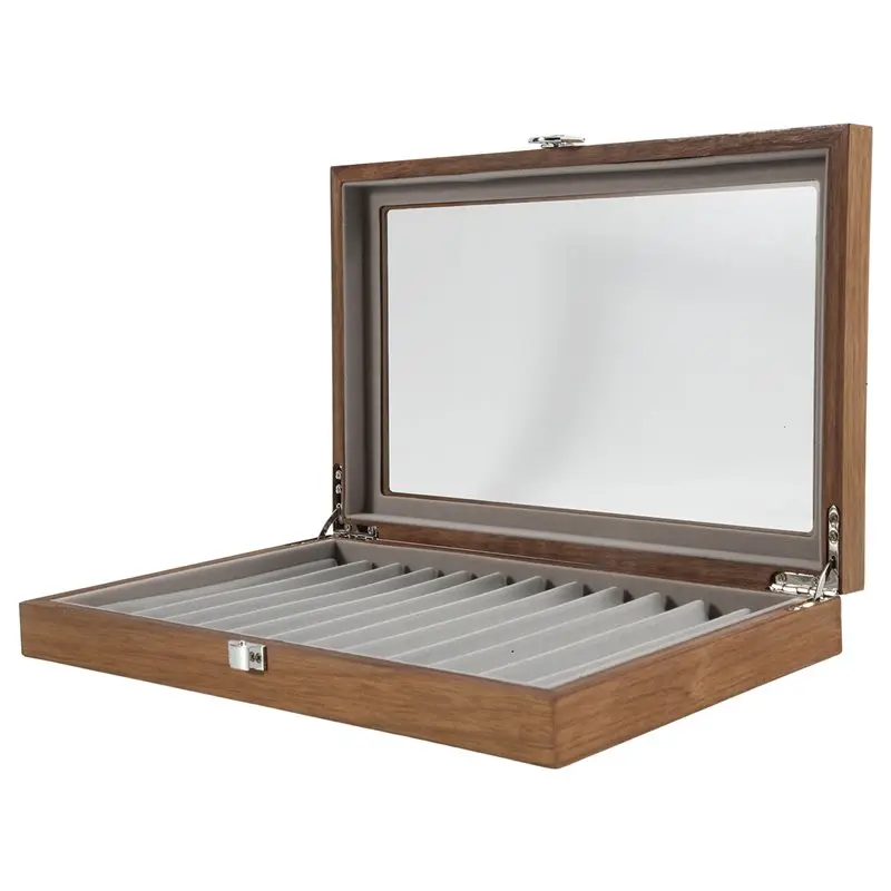 ★Walnut Pen Storage Case Luxury 2 Layer Pen Display Organizer Transparent Window Fountain Box Pen-Collection