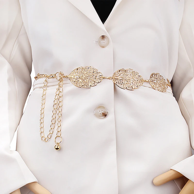 Fashion Simple Openwork Leaf Decorated Chain Belt Thin Waist Chain Ladies Decoration Waistband Dress Metal Jewelry Accessories