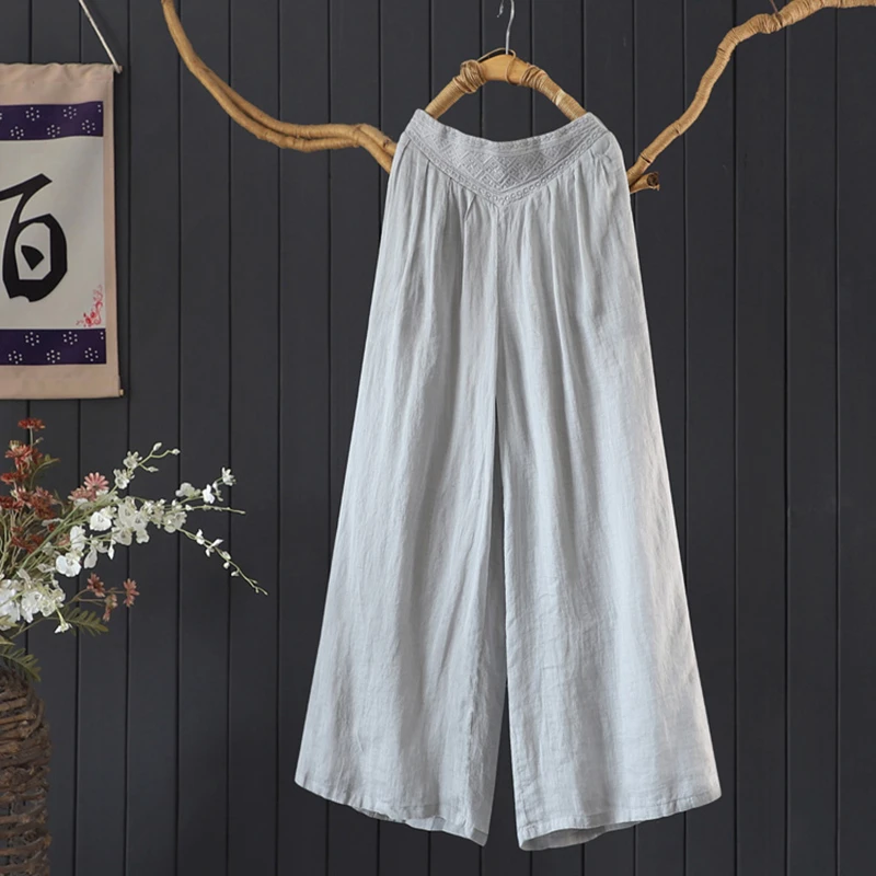 

100% Ramie Women Casual Wide Leg Pants New Arrival 2025 Summer Vintage Style Solid Color Loose High Waist Female Trousers M1730