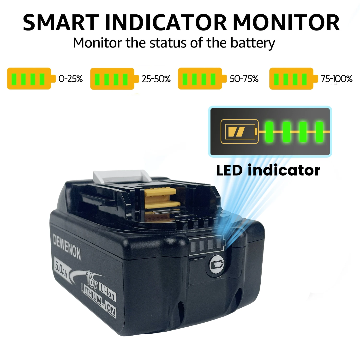 DEWENON Originální pro Makita 18V 5Ah Baterie pro Makita BL1830B BL1850B BL1850 BL1840 BL1860 BL1815 Náhradní lithiová baterie - náhled 6