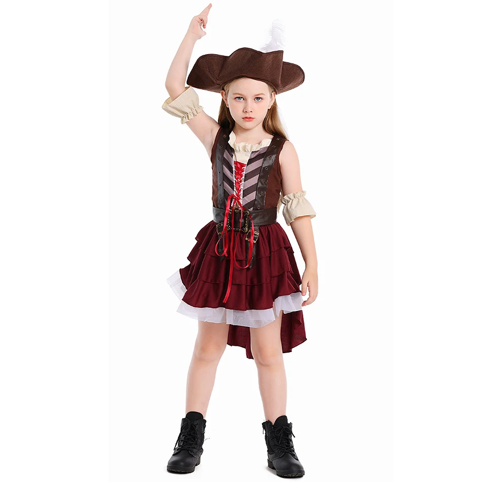 

Girls Pirate Cosplay Dress Set Kids Carnival Event Festival Party Top Skirt Hat Outfits Children Halloween Performance Costumes