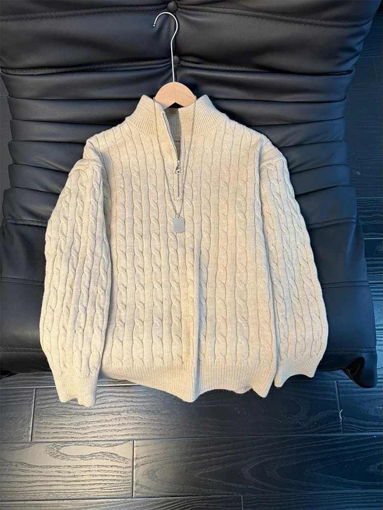 

Мужской вязаный свитер цвета хаки на молнии, осенне-зимний, модный, плотный, для ношения под одеждой, в стиле кэжуал, премиум-класса, свободного кроя, комфортный