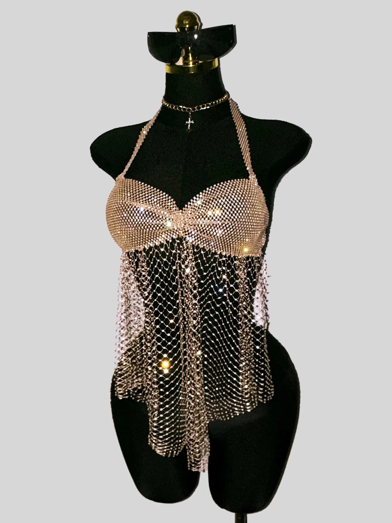 Y2K Sparkly Diamond Halter Tank Top Women Sexy Fishnet Mesh Backless Halter Neck Camisole Rave Festival Party Crop Top