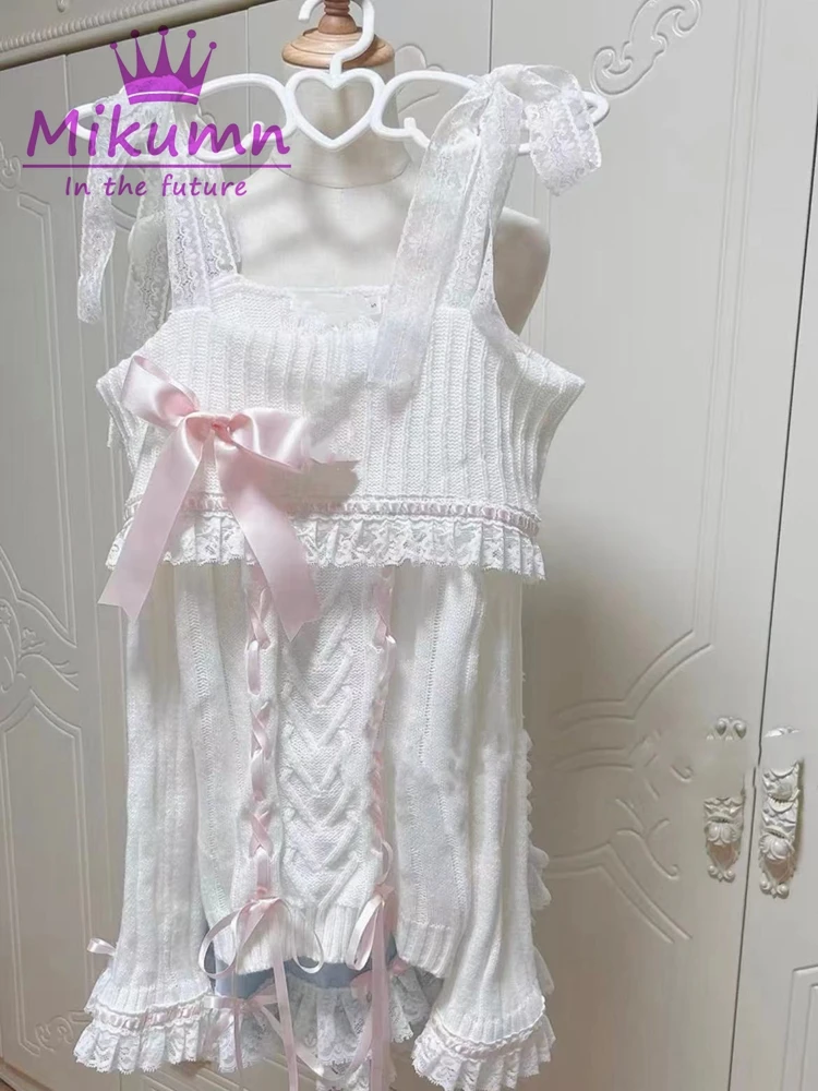 Mikolumn kobiety Y2k urocza koronka sweter z dzianiny japoński styl Lolita w stylu Vintage Kawaii głęboki dekolt różowa wstążka kokardka sweter na