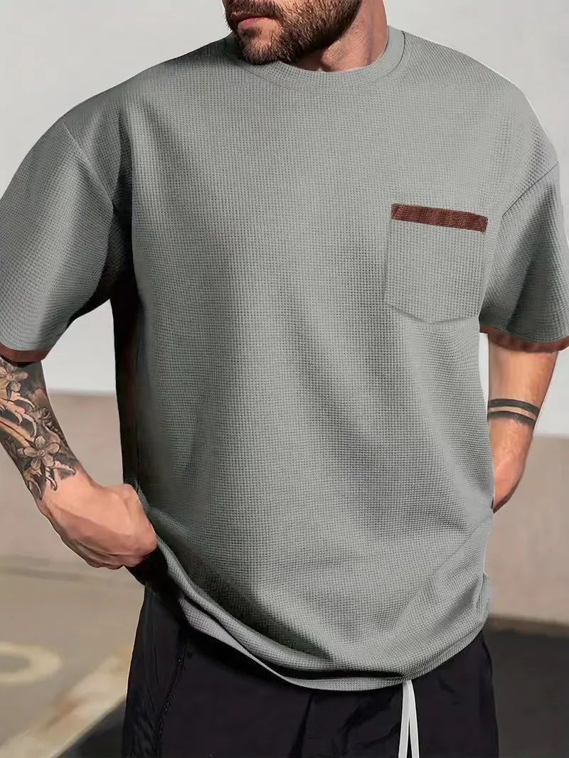summer Casual breathable Men Tops Patchwork pocket sports pullover Textured Male Loose round collar short sleeve men T-shirts