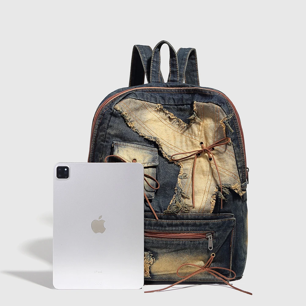 Vintage Washed Denim Backpack Woman Man Hot Girls Boys Student Butterfly Travel Large Capacity Commuting Denim Backpack