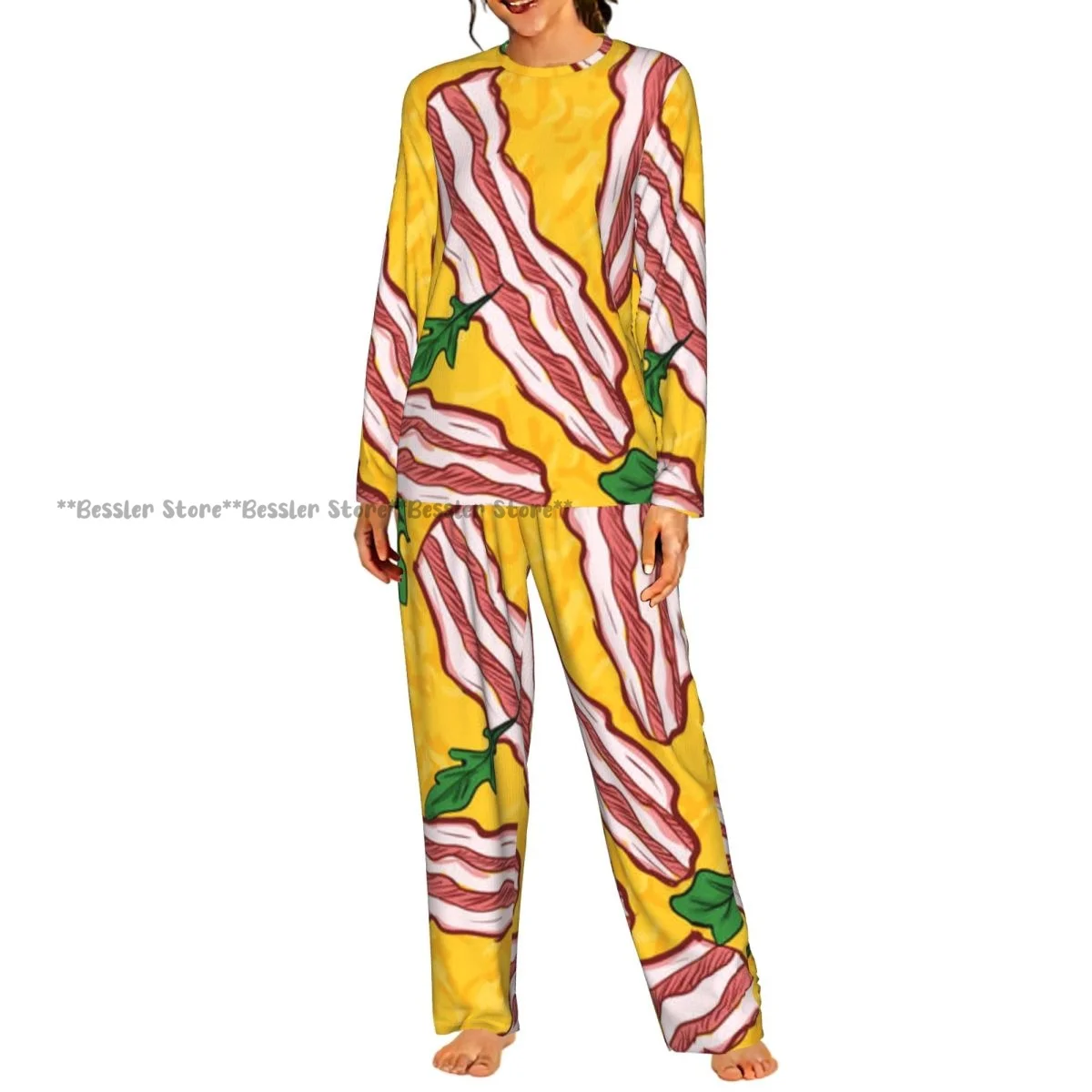 2 Piece Women Round Neck Pajamas Set Long Sleeve Long Pants Pizza With Cheese And Bacon Homewear Casual Daily Sleepwear