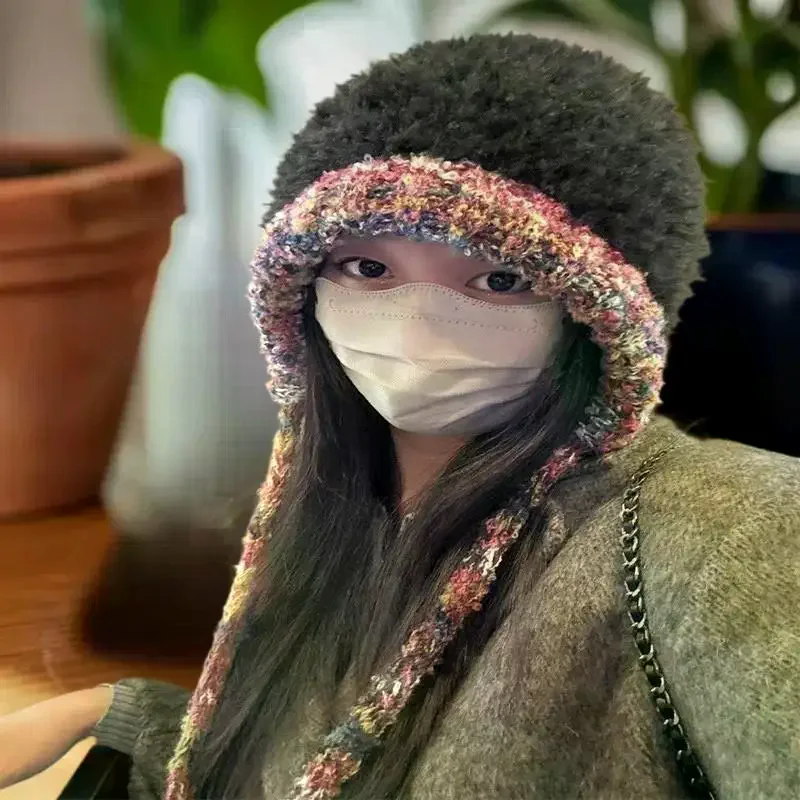 الشتاء النساء الدافئة الأذن حماية قبعة عصرية ومتعددة الاستخدامات محبوك قبعة مزدوجة الغرض حقيبة كروسبودي مقنعين قبعة