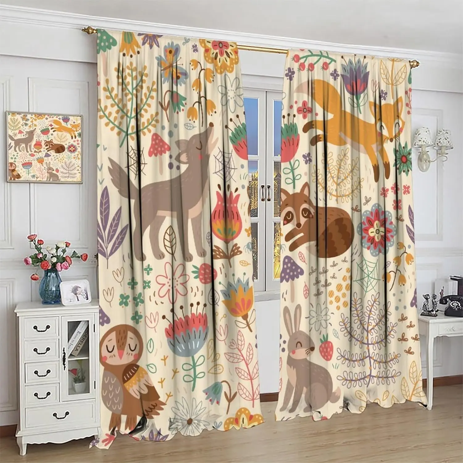 

Детские шторы с лесными животными из мультфильмов, милые лесные животные, дикая природа, лиса, волк, кролик, узор, 2-панельные карманные оконные шторы для стержней