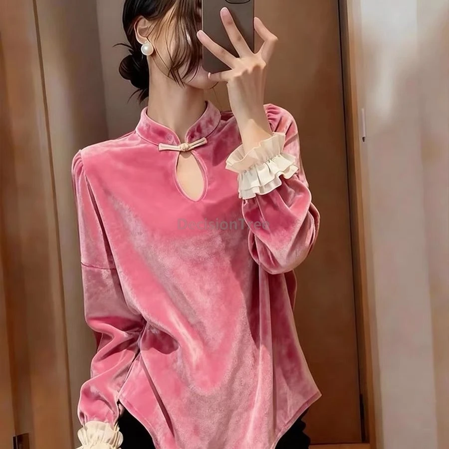 2026 sweet romantic design sense chinese qipao top fashionable hollow out lace cuff women's blouse elegant versatile retro top