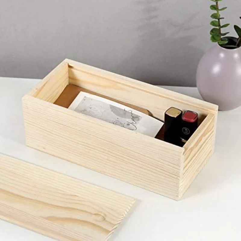 JUSTINLAU 1PC Natural Pine Wood Slide Top Box  Rectangular Unfinished Wooden Storage Box  DIY Craft Gift and Jewelry Organizer