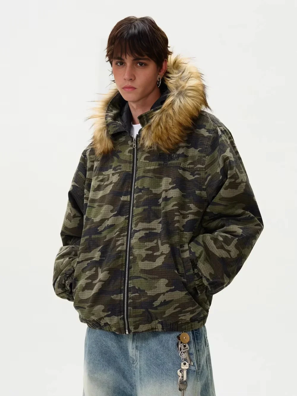 Tung Sung American Camouflage Flight Puffer Jacket Retro Casual Removable Fur Collar Thermal Winter Coat