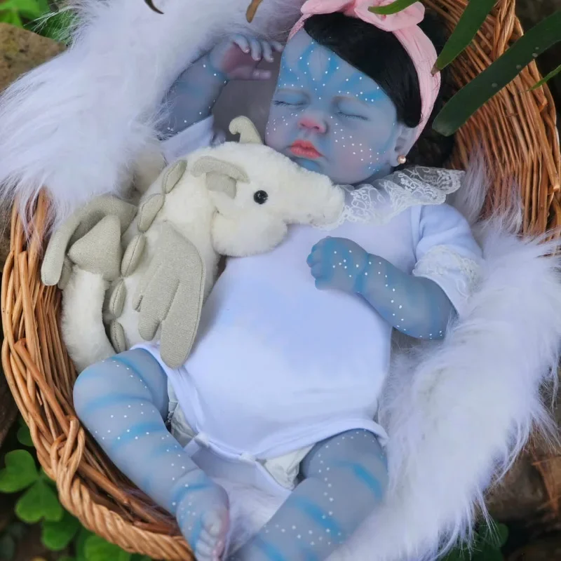 19inch Reborn Baby Doll Loulou in Avatar Blue Skin Handmade Newborn Sleeping Baby 3D Skin with Visible Veins Muñecas Bebe Reborn