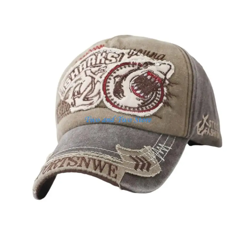 HX6F Water Scrubbing Jeans Baseball Cap With Embroidered Shark Design Adjustable Hat Circumference For Men And Women