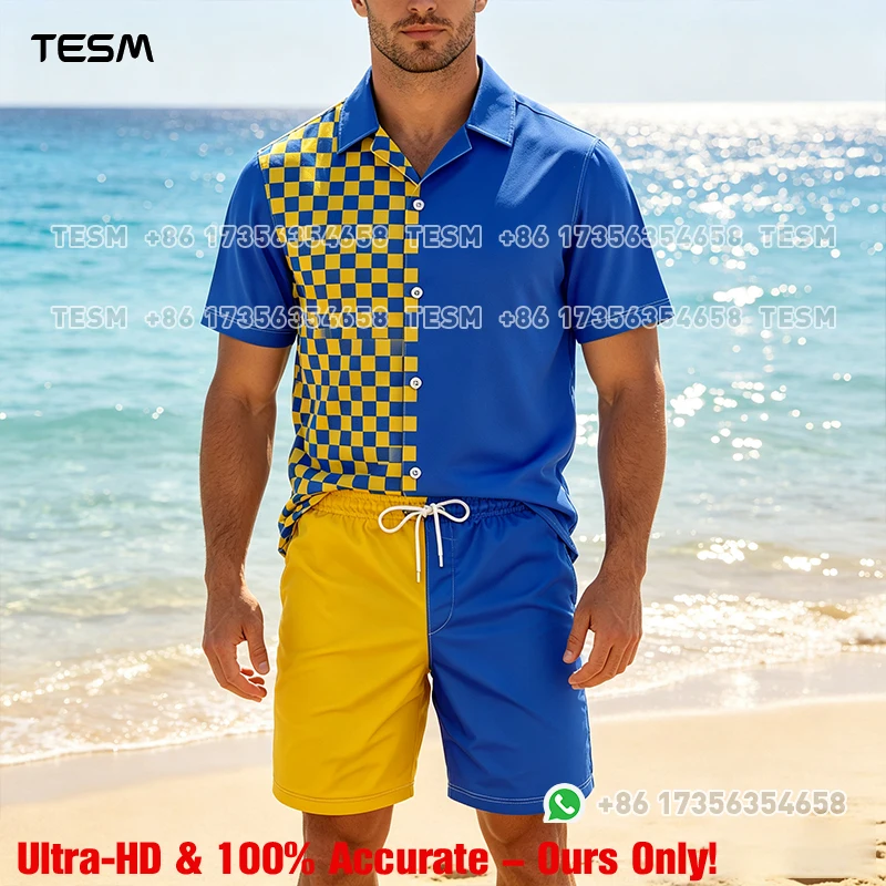 TESM Men Summer Beach Shirt Shorts Football Fan Short Sleeve Lapel Hawaii Shirt Elastic Waist Swim Trunks Casual Surf Vacation