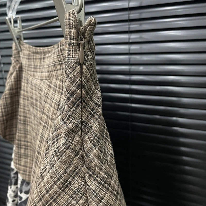 KBQ Hit Color Irregular Hem Skirts for Women High Waist Temperament Small Niche Design American Fashion Plaid Short Skirt Female