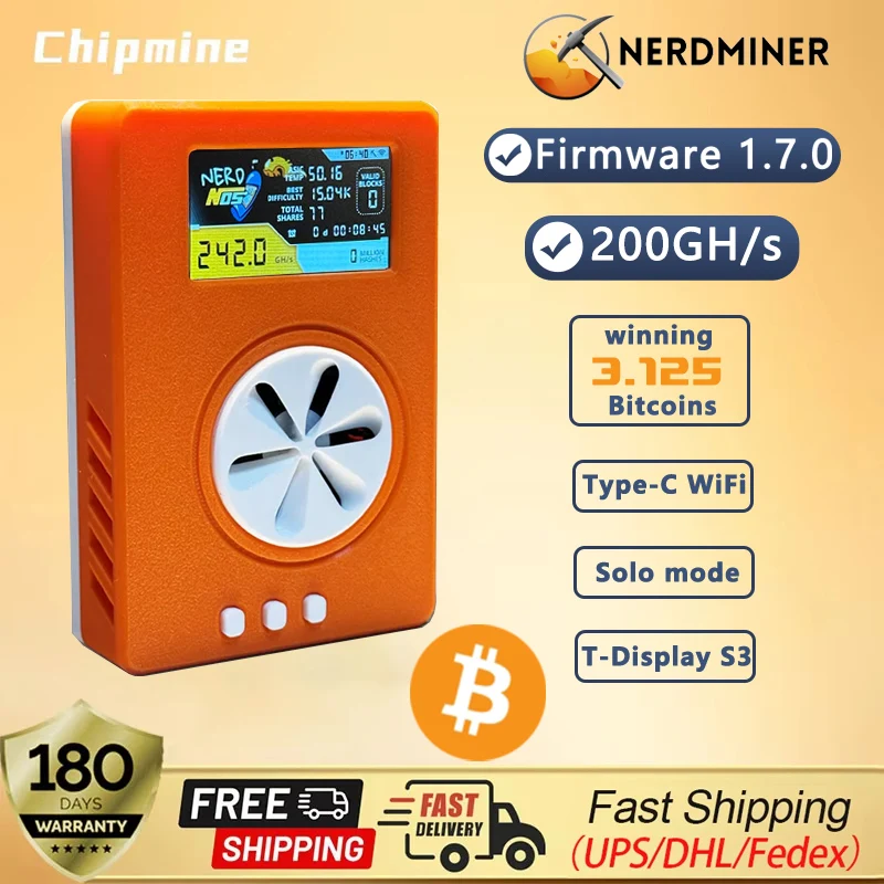 NerdMiner V2MAX Nerdnos one 200GH/s Bitcoin Solo Lottery Miner Win 3.125 BTC Miner with USB-C Cable WiFi Connection