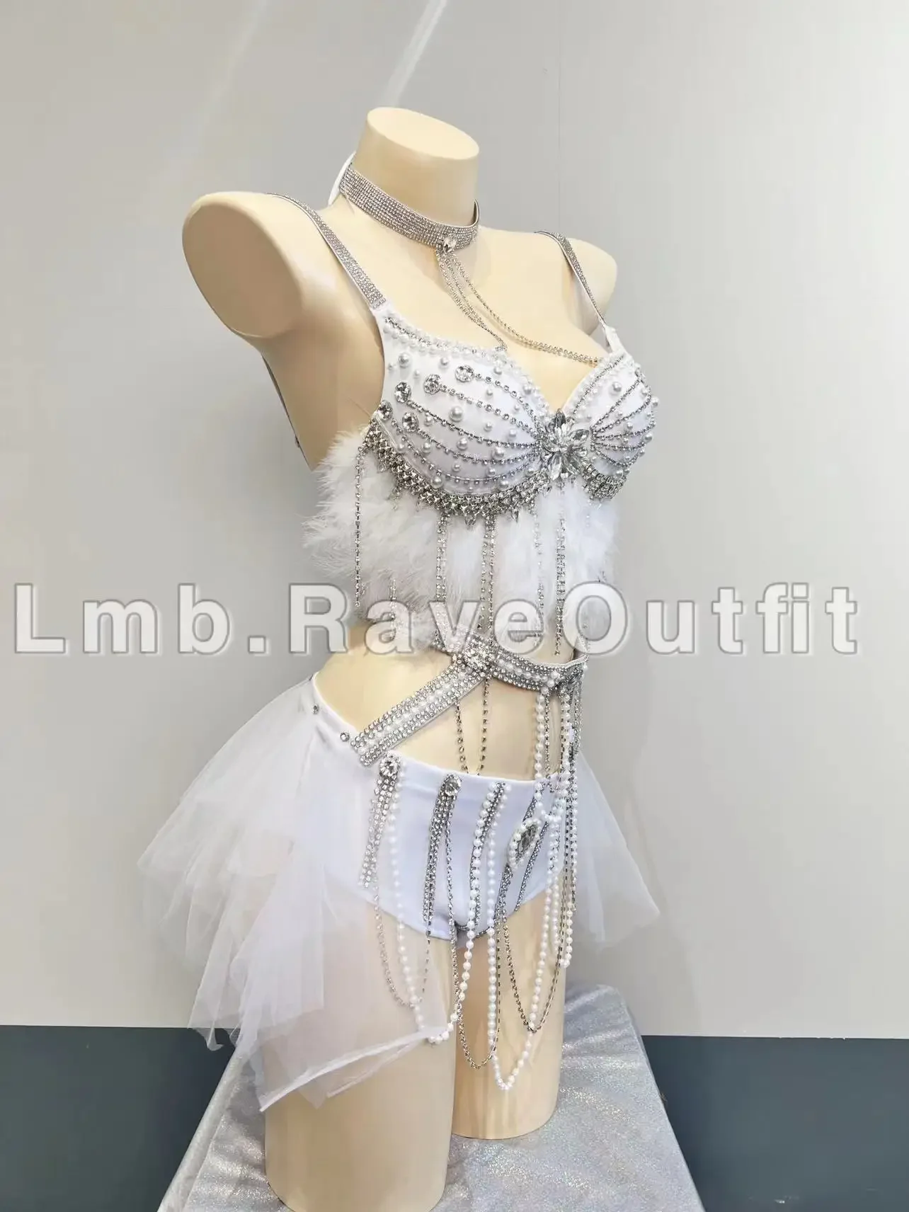 Conjunto de Bikini con cadena y borla de perlas brillantes para mujer, con sujetador traje Sexy y pantalones cortos, vestido de malla, club nocturno, Bar, cantante, escenario, Festival de baile