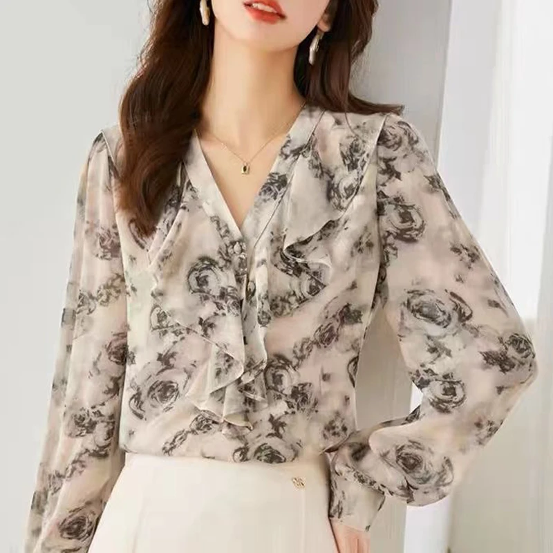 Women Stylish Floral Print Ruffles Chiffon Blouses Office Lady Elegant Chic Commute Shirts Casual V Neck Long Sleeve Loose Tops