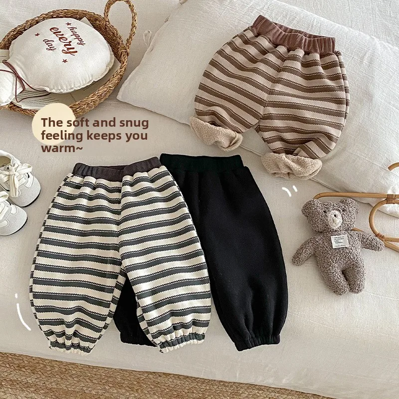 

Детские полосатые штаны до щиколотки, новинка 2025, зимние детские корейские версии, контрастные толстые гигиенические штаны, зимние штаны для мальчиков