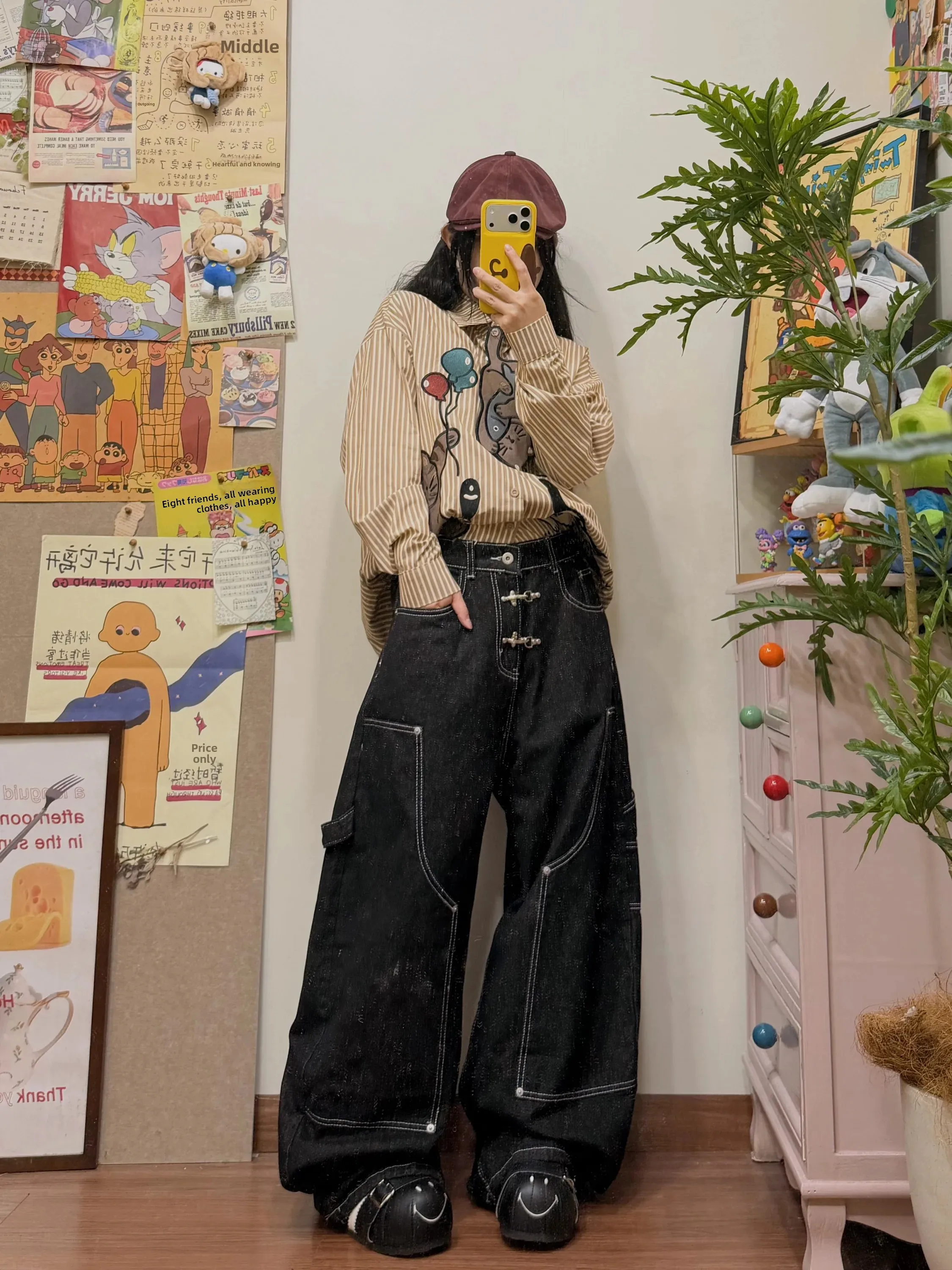 BIBULU American Cool Aircraft Buckle Jeans Men's Loose Wide Leg Long Pants Trendy Black Slimming Straight Leg Denim Jeans