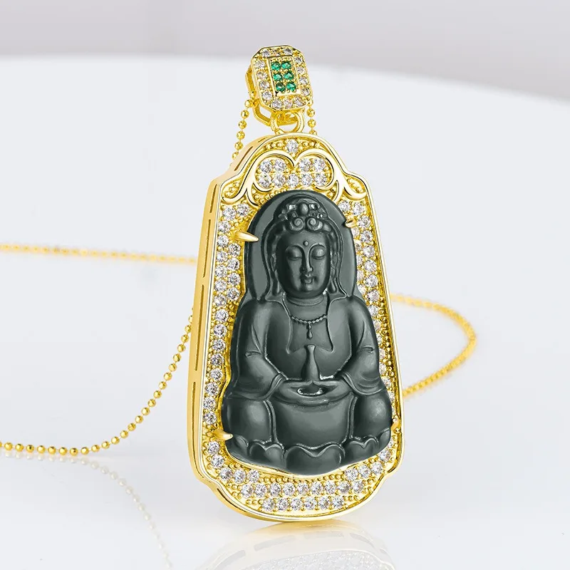 Genuine Natural Hetian Cyan Jade Guanyin Pendant 925 Silver Necklace Carved Fashion Charm Jewelry Amulet Gifts for Men Luxury