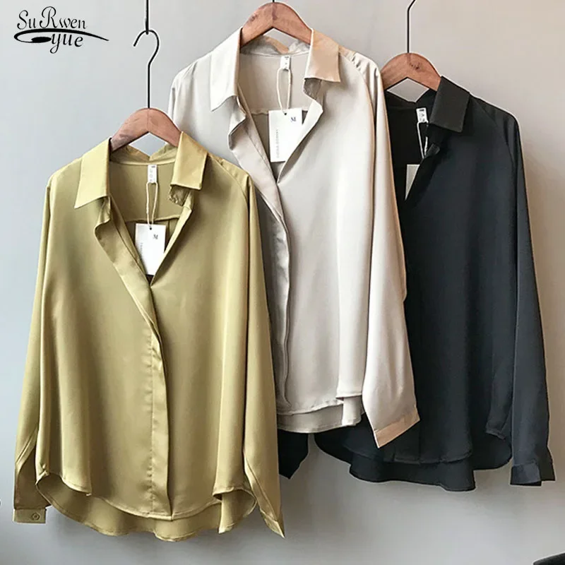 2024 Summer Spring Casual Blouse Women Fashion Long Sleeves Tops Vintage Femme V Neck Shirts Elegant Sexy Silk Blouse 5273