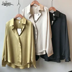 2024 Summer Spring Casual Blouse Women Fashion Long Sleeves Tops Vintage Femme V Neck Shirts Elegant Sexy Silk Blouse 5273