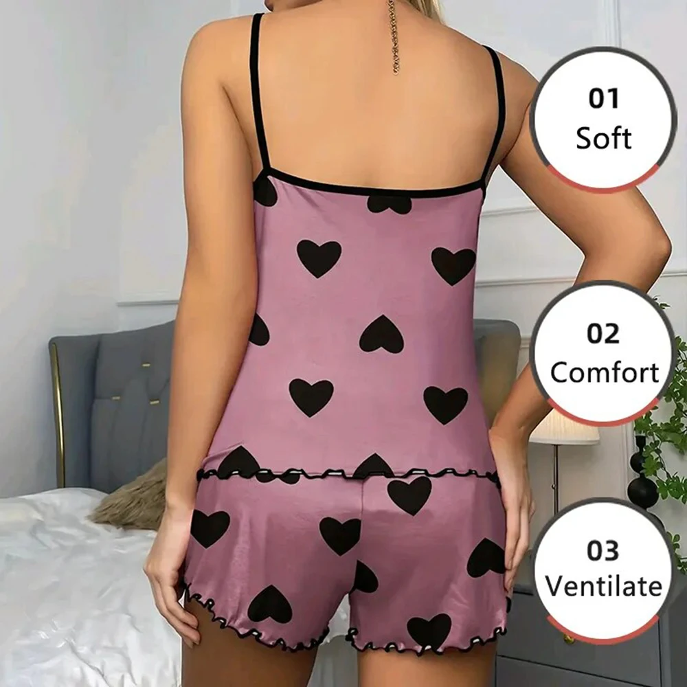 Two-Piece Suit Women Pajamas Sleepwear Pajama Set Camisole Shorts Pink Blue Heart Print Ice Silk Comfortable Casual Homewear