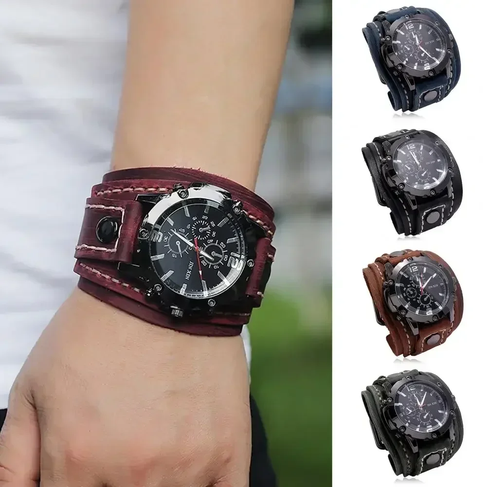 Retro Mens Quartz Watch Round Dial Precise  Adjustable Cool Casual Universal Handmade Sewing Faux Leather Strap Watch Gift