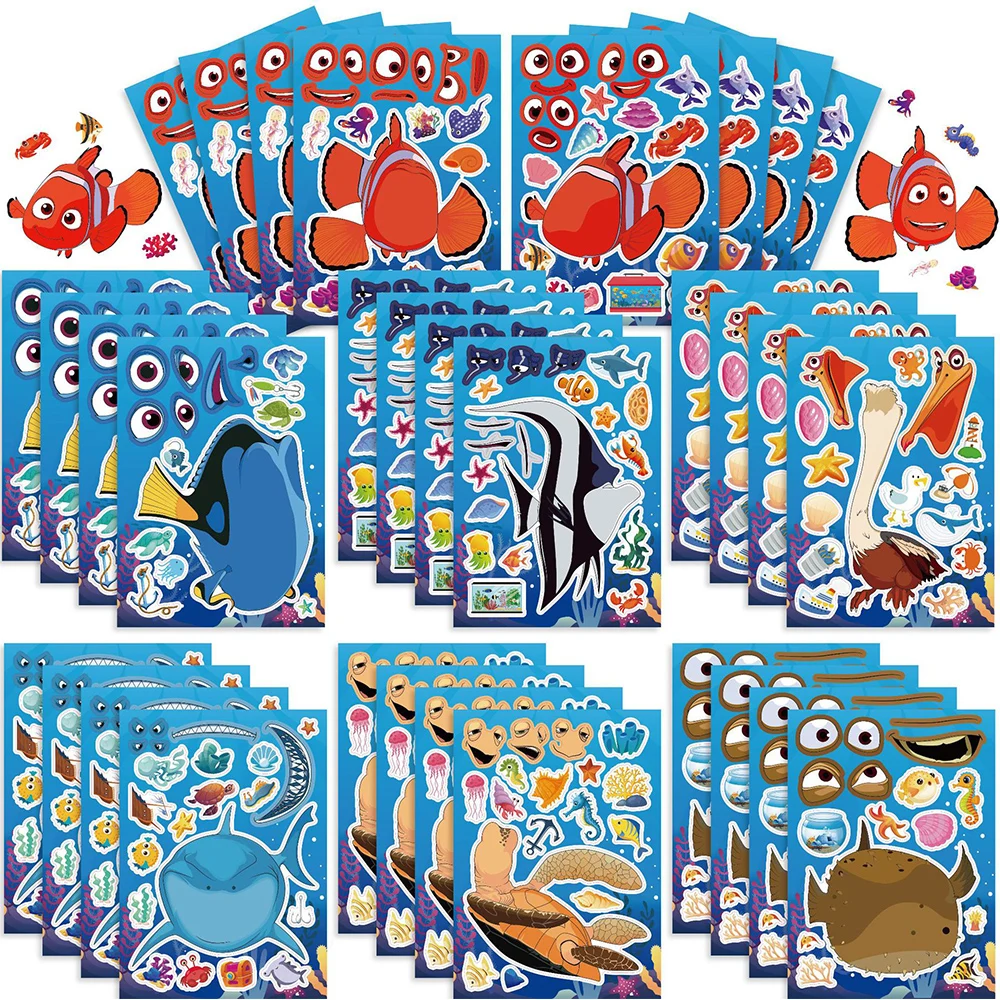 Disney Finding Nemo-Juego de pegatinas de rompecabezas para niños, juego de manualidades para hacer una cara, manualidades, juguete educativo, regalo de fiesta, 8 o 16 hojas