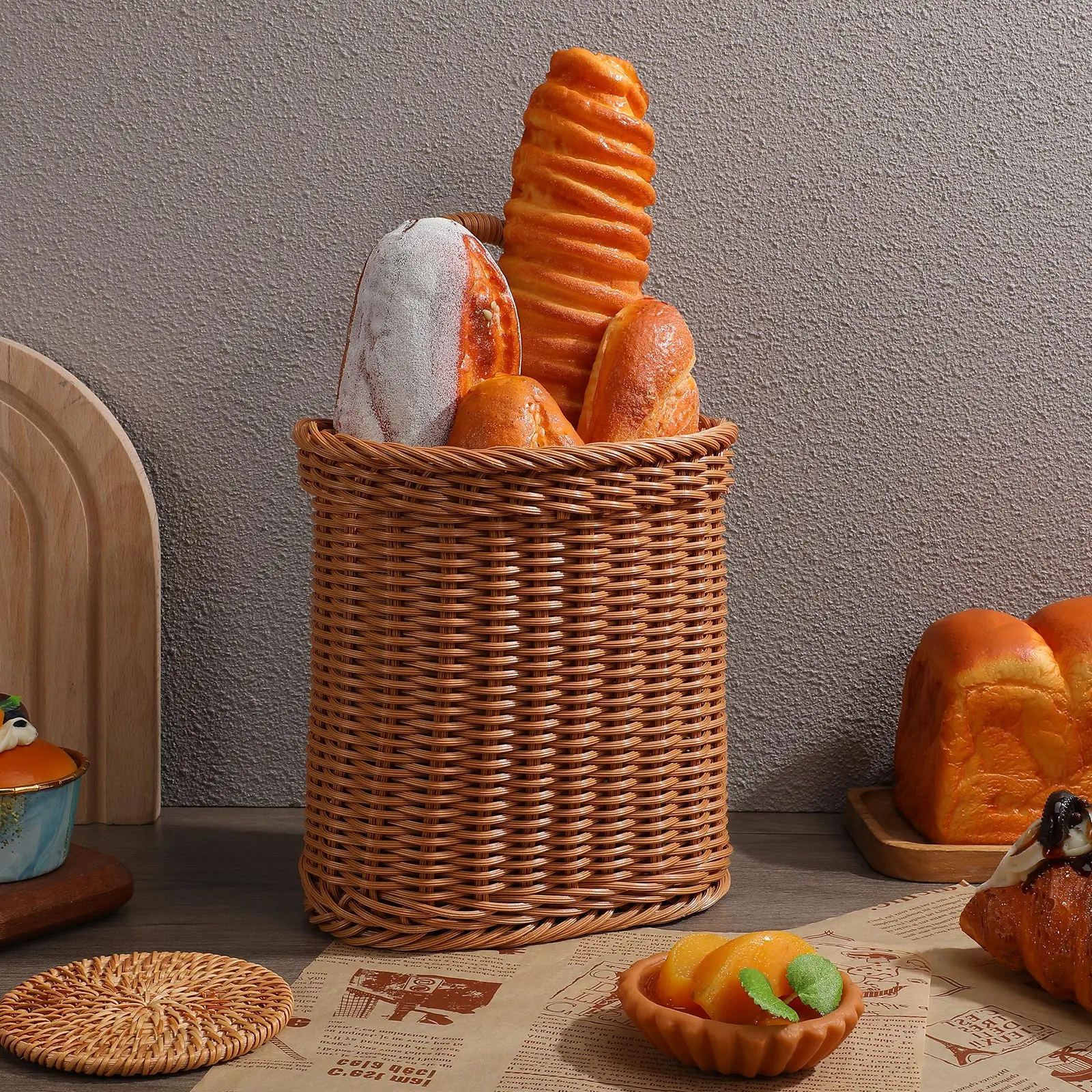 

Hanging Storage Baskets Kitchen Vegetable Organizer Brown Woven Handmade Wall Mounted Seasoning Bucket Plastic Basket Wicker