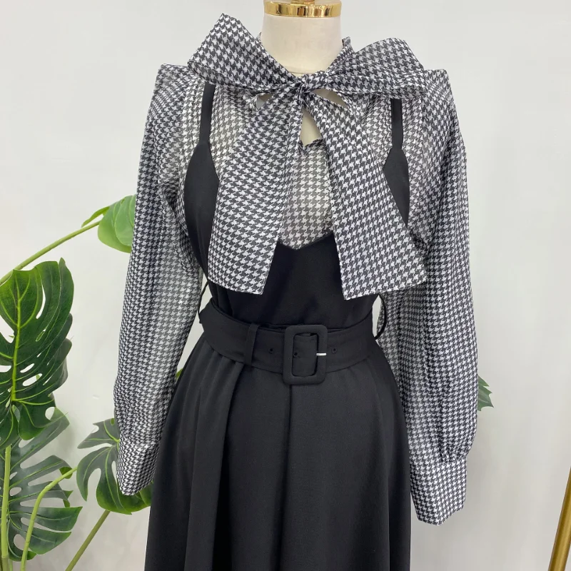 Kuzuwata Puff Sleeve Bow Lace Organza Shirt Japanese Polka Dot Houndstooth Blouse 2024 Autumn New Sweet Palace Style Mujer Blusa