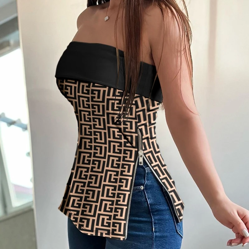 

Geometric Print Zipper Top Women Y2k Tops Sexy Strapless Sleeveless Slim Top Casual Slash Neck Elegant Tees Slit 2024 Summer