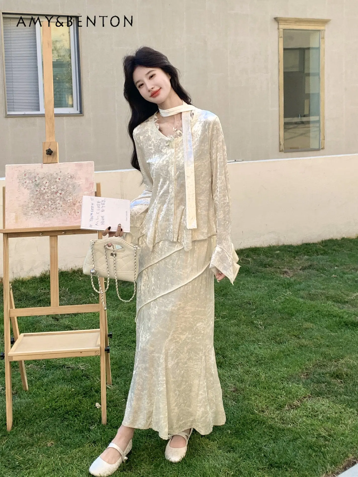 

Spring Autumn French Haute Sense Commuter Banquet Daily V Neck Long Sleeves Tops High Waist Long Skirt Two-piece Set