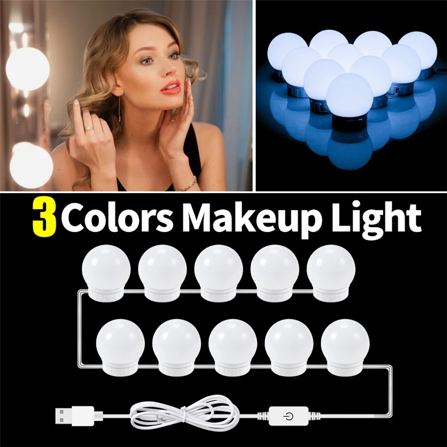 

2023 New USB Makeup Mirror Light 3 Modes Stepless Dimmable LED Vanity Lights 5V Wall Lamps 2/6/10/14Bulbs Kit for Dressing Table