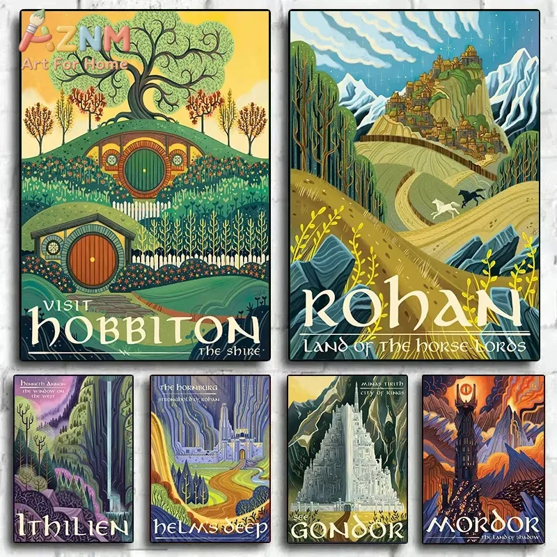 AZNM Abstract Ring Art Retro Travel Poster Canvas Painting Vintage Film Mordor Castle Lord Magic Wall  Bed Room Home Decor