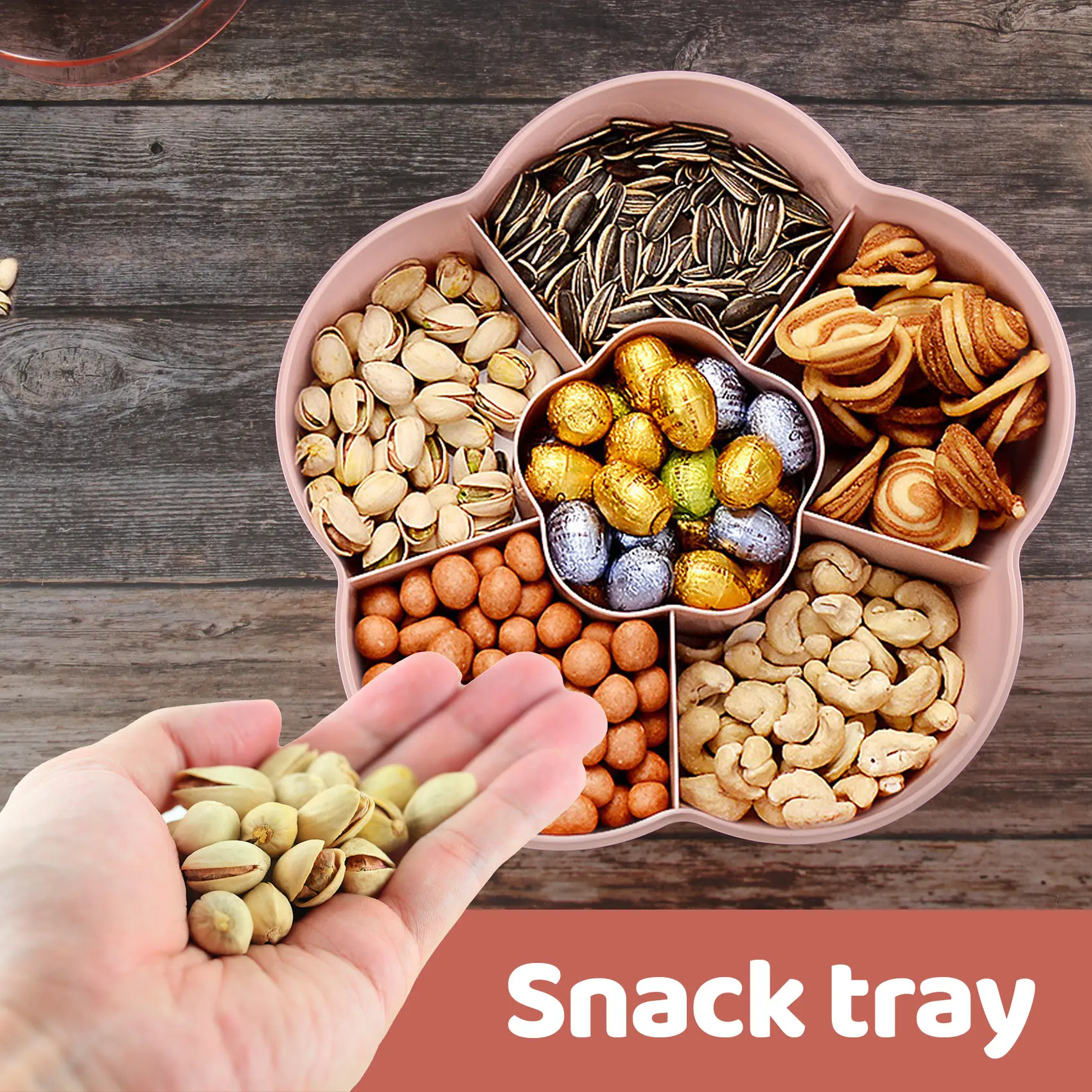 

A06RP Snack Storage Box, Flower Shape Snack Tray with Lid,Nut Candy Food Storage Box,Fruit Box Dry Fruit Container,Pink