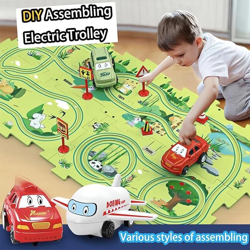 

Children Puzzle Electric Railroad Speeder DIY Assembly Automatic Car Rail City Scene Construction Education Toy Gifts for Kids