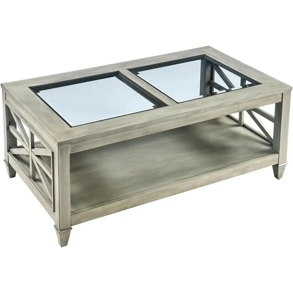 

Журнальный столик из массива дерева с закаленным стеклом, 45,5 x 26 дюймов, 2-уровневый, в индустриальном стиле, цвет античный серый.