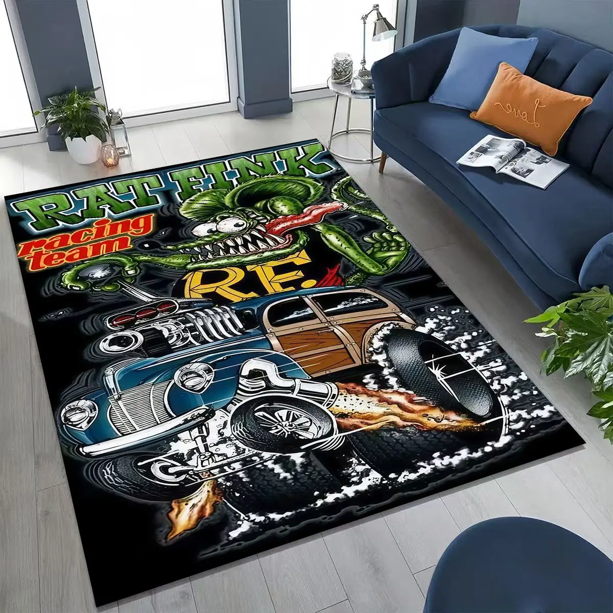 Rebellious RAT FINK Cars Sign Cartoon Rug for Bedroom Living Room Sofa Home Doormat Decor, Large Kids Play Non-slip Floor Mat