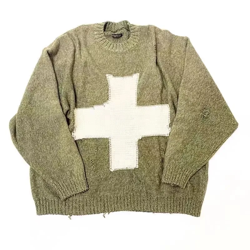 

2024 KAPITAL Cross Pattern Perforated Round Neck Knitwear Pullover Long Sleeve Sweater MY02