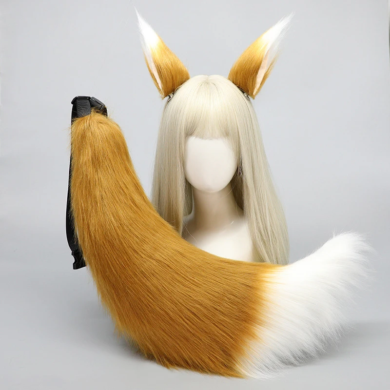 Simulation Plush Fox Wolf Ears Tail Set Khaki Black White Animal Cosplay Accessories Handmade Girls Kwaii Lolita Jk Costume Prop