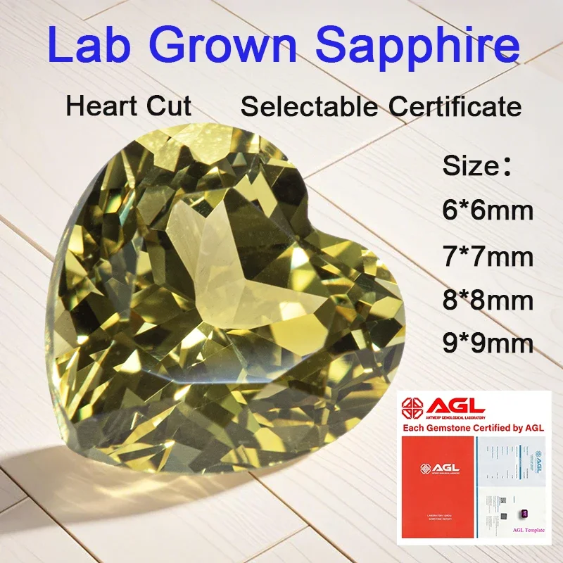 Lab Grown Sapphire Loose Stone Heart Shape Yellow Color VVS1 Charms Beads for Advanced Jewelry Making Selectable AGL Certificate