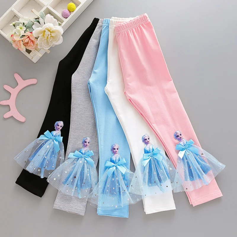 Disney Girls Leggings Cute Elsa Princess Cartoon Print Kids Pants Children's Skinny Leggings Baby Girl Elasticity Trousers 0-8 Y