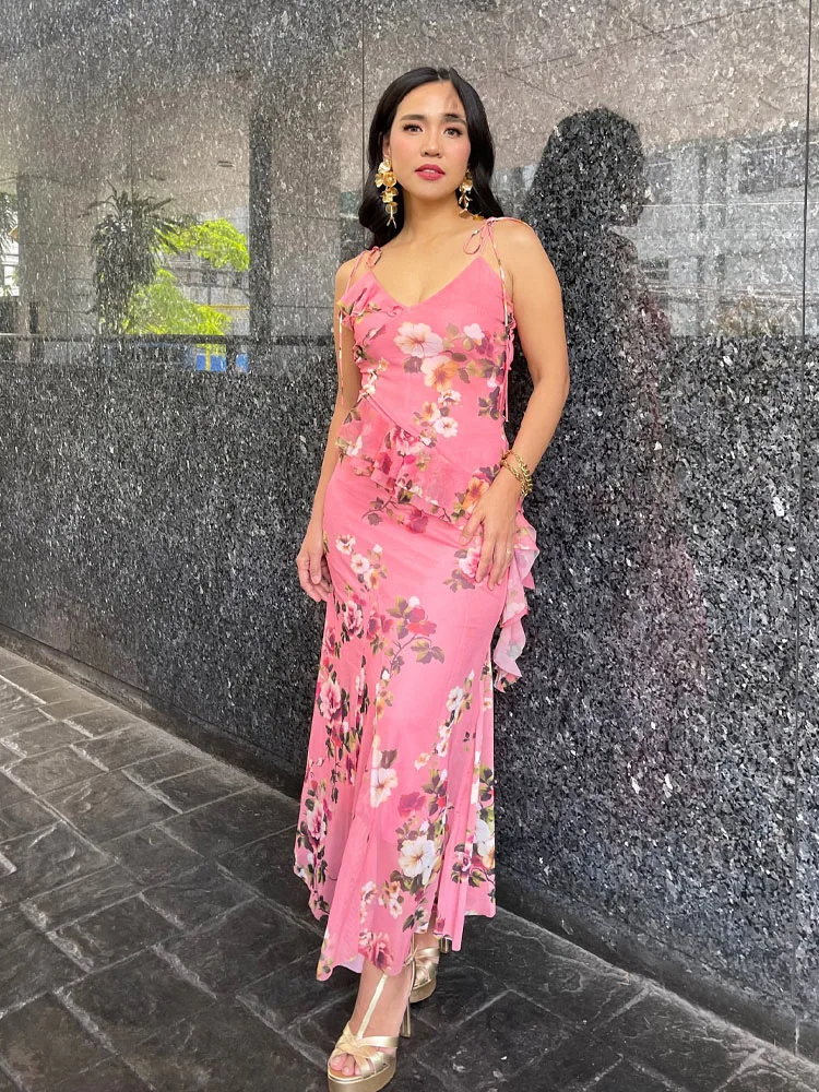 HH Vrouwen Zomer Bloemen Prints V-hals Mouwloos Asymmetrie Versieren Top + Mode Hoge Taille Geplooide Lange Rok 2-delige Set