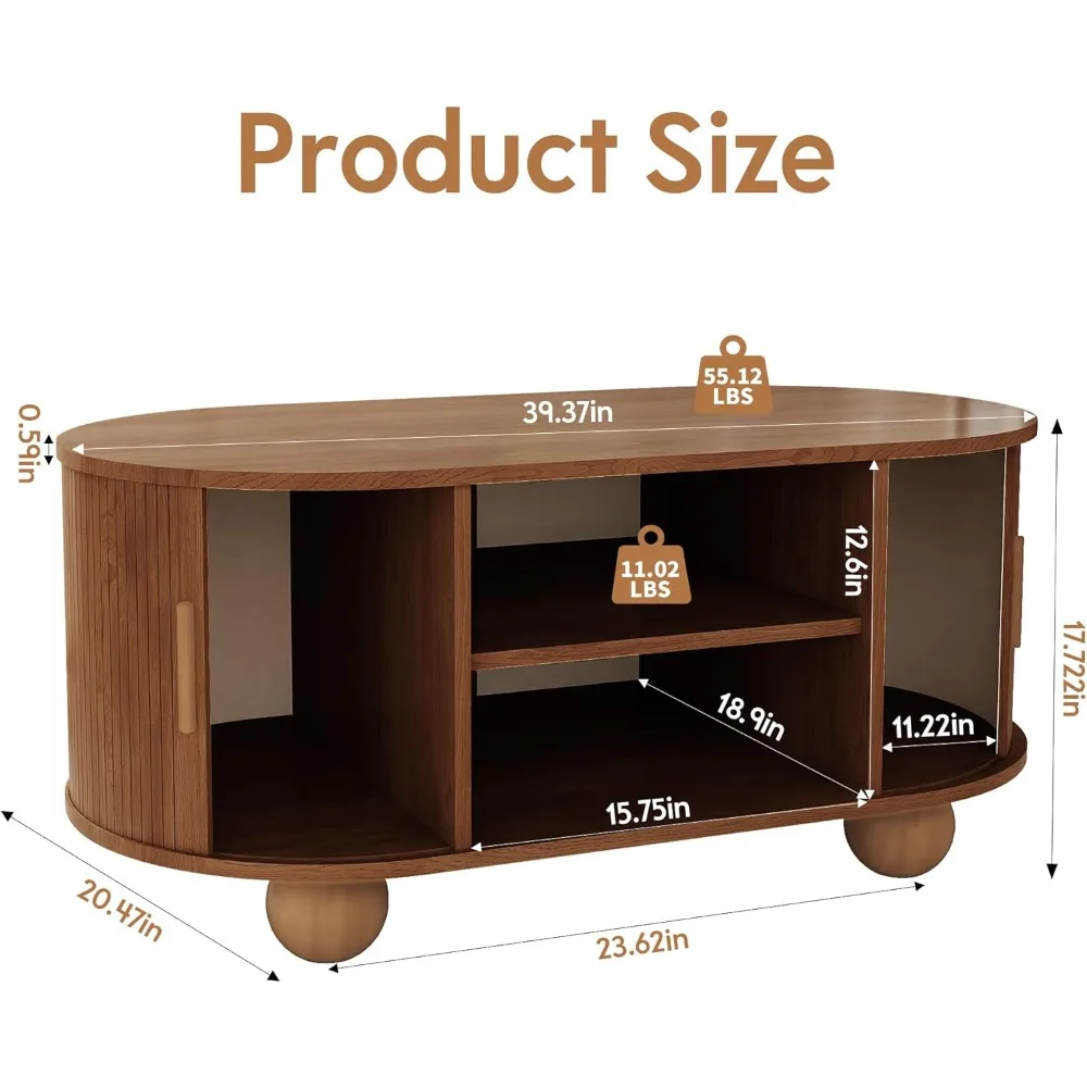 Rectangle Coffee Table, Mid-Century Modern Coffee Table with Storage & Sliding Doors, Fluted Coffee Table Center Table for Livin