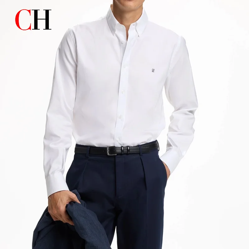 CH Mens Solid Color Long Sleeve Shirt Classic Collar Letter Embroidery Premium Fabric Casual Daily Commuter Blouse