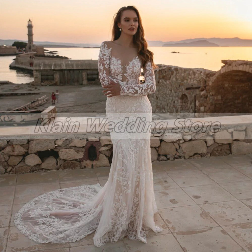 Weilinsha Women's Long Exquisite Mermaid Wedding Dress Appliuqes Long Sleeves Lace Court Train Tulle Bridal Gowns Floor Length