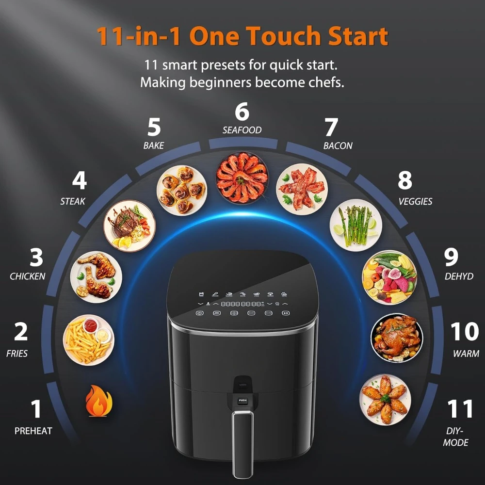 Air Fryer, 450F Max Crisp, 11-in-1 Functionality, Nonstick Basket, Diswasher Safe, Shake Reminder, 6 Quart Air Fryer